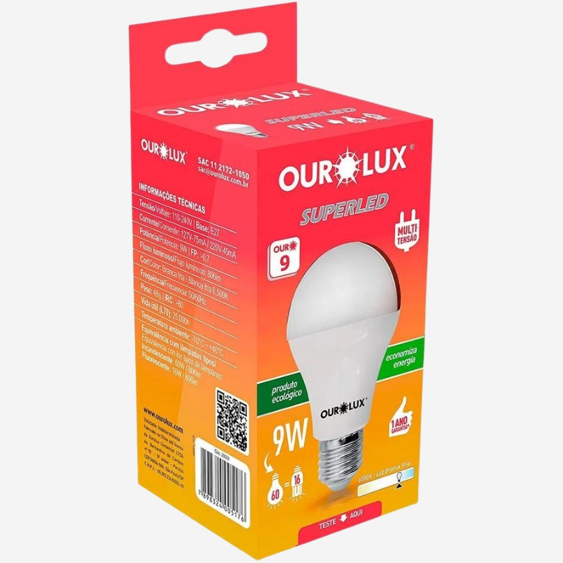 KIT 10 LAMPADAS BULBO SUPERLED OURO 9W BIV 6500K - OUR